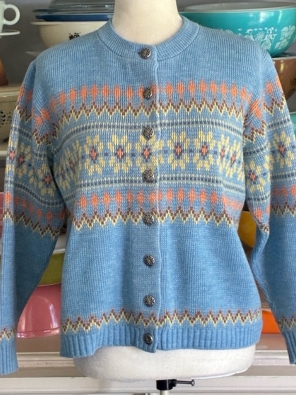 Vintage 1960’s Jersild Blue Fair Isle Floral Cardigan Sweater - Size Medium